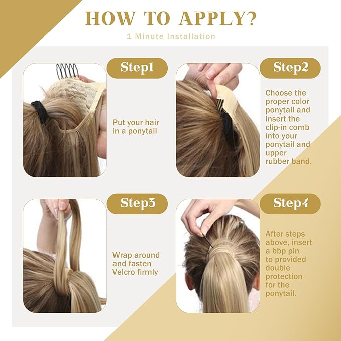 Ve Sunny Ponytail Extension Real Human Hair for Women Clip in Ponytail Hair Extension Straight Hair Pieces Wrap Around Dark Ash Blonde Highlights Golden Blonde 16inch 80G