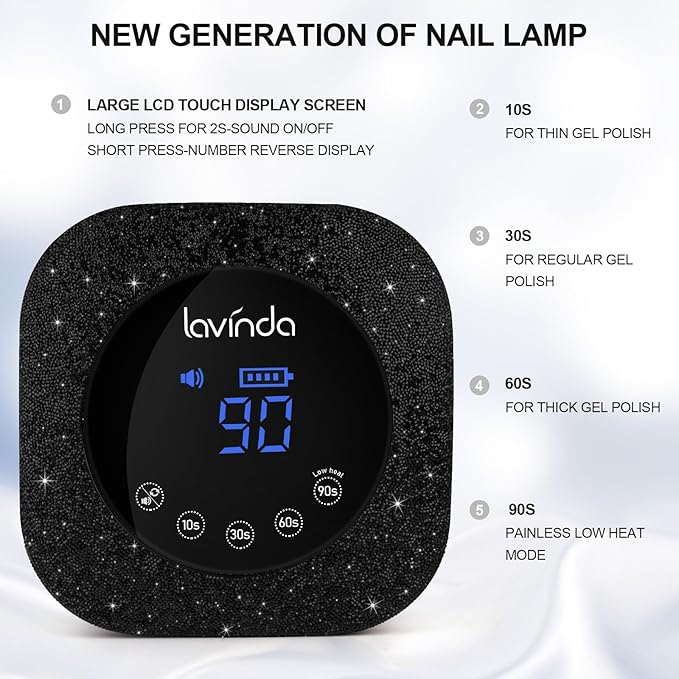 Lavinda 54W UV Nail Lamp UV Light for Gel Nails Cordless Rechargeable UV LED Nail Lamp Nail Light with 4 Timer and LCD Display Professional Fast Curing Lamp Nail Dryer with Black Rhinestone