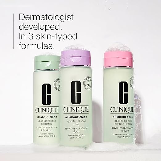 Clinique 3-Step All About Clean Liquid Facial Cleanser Soap | Face Wash For Very Dry To Dry Skin Types | Type 1 6.7 Fl Oz