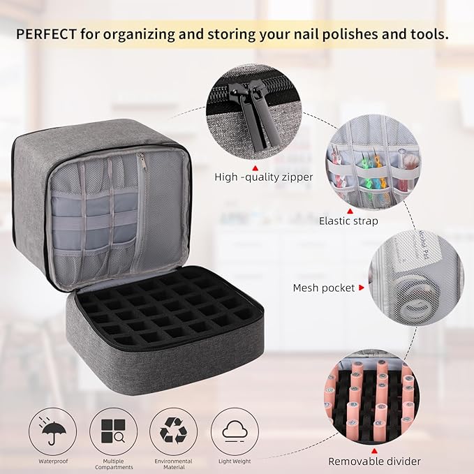 Travel Nail Polish Organizer Holds 30 Bottles (15ml) Double-layer Nail Polish Carrying Case Large Capacity Portable Storage Bag for Nail Varnish and Manicure Set