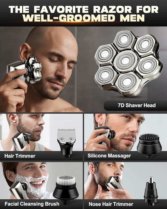 Head Shavers for Bald Men 7D Upgraded Detachable Head Shaver - IPX7 Waterproof Wet Dry 5-in-1 Grooming Kit Electric Razor Ideal Gift for Men