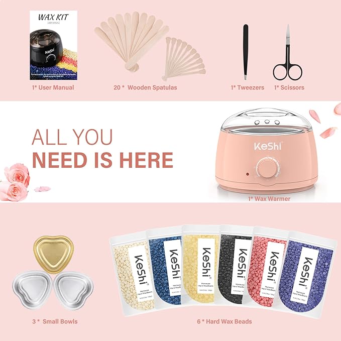 KeShi Waxing Kit Painless Hair Removal Wax Warmer with 6 Bags Hard WaxBeans for Full Body Legs Face Eyebrows &amp Bikini? Ideal for Both Women &amp Men(Blush)