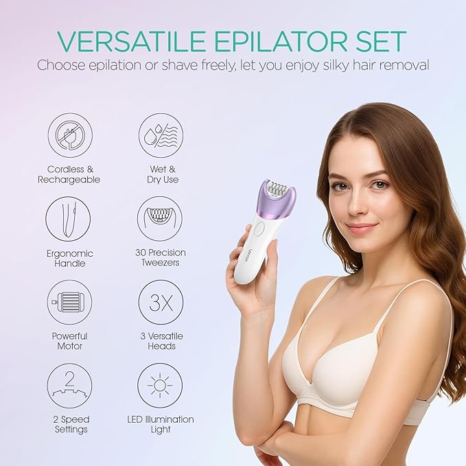 VOYOR Epilator for Women Cordless Epilators Hair Removal for Women 3 in 1 Hair Removal Device for Leg Arm Face with 30 Tweezers Rechargeable Wet &amp Dry Electric Lady Shaver &amp Trimmer BM300 (