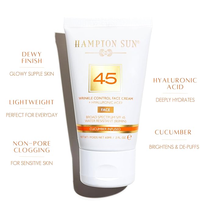 Hampton Sun SPF 45 Wrinkle Control Face Cream | Daily Moisturizer + Sunscreen | Plumps Hydrates Brightens with Hyaluronic Acid + Organic Cucumber Extract | Broad Spectrum | Glowy Dewy Finish