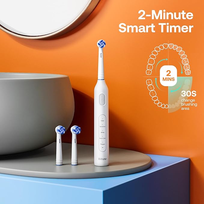 Bitvae R1 Rotating Electric Toothbrush for Adults and Kids with 60-Day Battery Life 8 Brush Heads Rechargeable Power Toothbrush 5 Modes Brushing Timer White