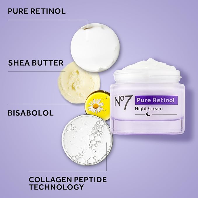 No7 Pure Retinol Night Cream - Collagen-Boosting Retinol Cream that Visibly Smoothes Plumps &amp Firms Complexion - Dermatologist Approved &amp Fragrance-Free (1.69 Fl Oz)