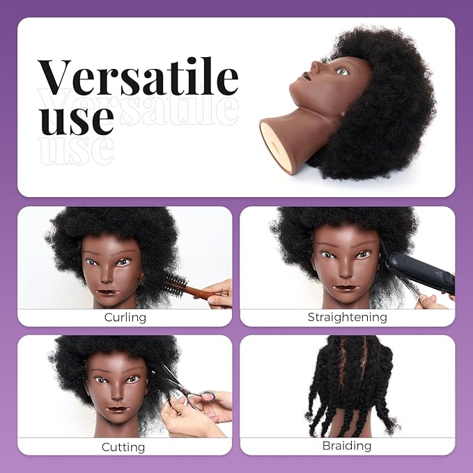 100% African Mannequin Head Human Hair4C Afro Curly Cosmetology Manican Manikin Doll Head with 47??Mannequin Head StandTable CalmpBraiding Set for Display Practice Braiding Styling Training