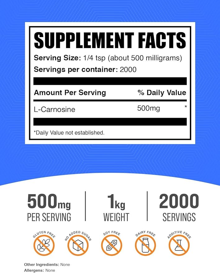 BulkSupplements.com L-Carnosine Powder - Carnosine Supplement Carnosine 500mg - Amino Acid Supplement Gluten Free 500mg per Serving 1kg (2.2 lbs) (Pack of 1)