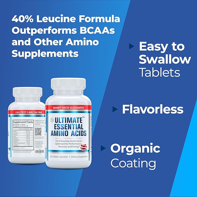 Ultimate 100% Essential Amino Acid Supplement for Cutting Fasting &amp Workouts - All 9 EAAs 40% Leucine ? Ideal BCAA Ratio for Energy Muscle &amp Recovery - 300 Easy-to-Swallow Keto &amp Vegeta