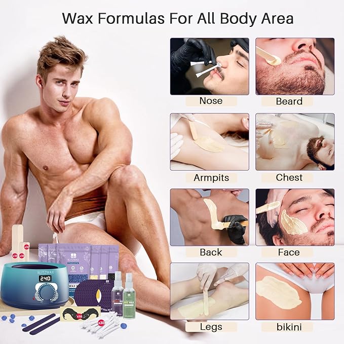 BLITZWAX Back and Nose Waxing Kit for Men Hard Wax Warmer for Brazilian Body and Face At Home Hair Removal Kit Beginner Friendly Quick Heating 93 Accessories Blue Waves
