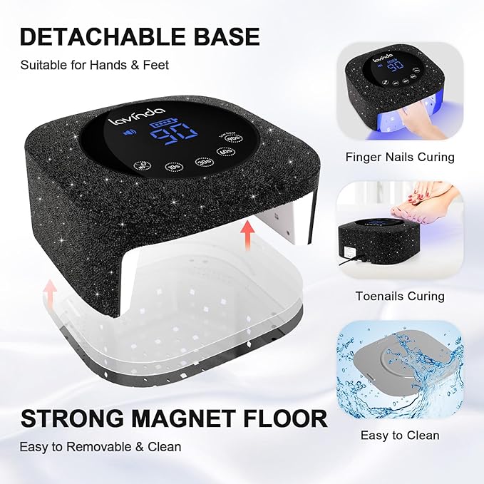 Lavinda 54W UV Nail Lamp UV Light for Gel Nails Cordless Rechargeable UV LED Nail Lamp Nail Light with 4 Timer and LCD Display Professional Fast Curing Lamp Nail Dryer with Black Rhinestone