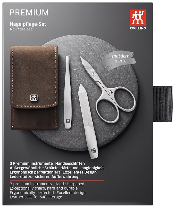 ZWILLING Beauty TWINOX 4-pc Manicure and Pedicure Set with Brown Leather Case Travel Size Set for Hands and Feet Nail Care Genuine Leather