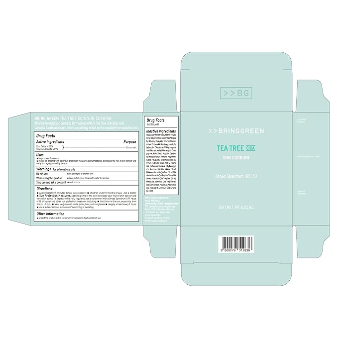 BRING GREEN Tea Tree CICA Facial Sun Cushion SPF 50+ PA++++ | Korean Mineral Sunscreen for Face | Non-Nano Reef-Safe Redness Correcting with Zinc Oxide | Travel Size Sun Protection