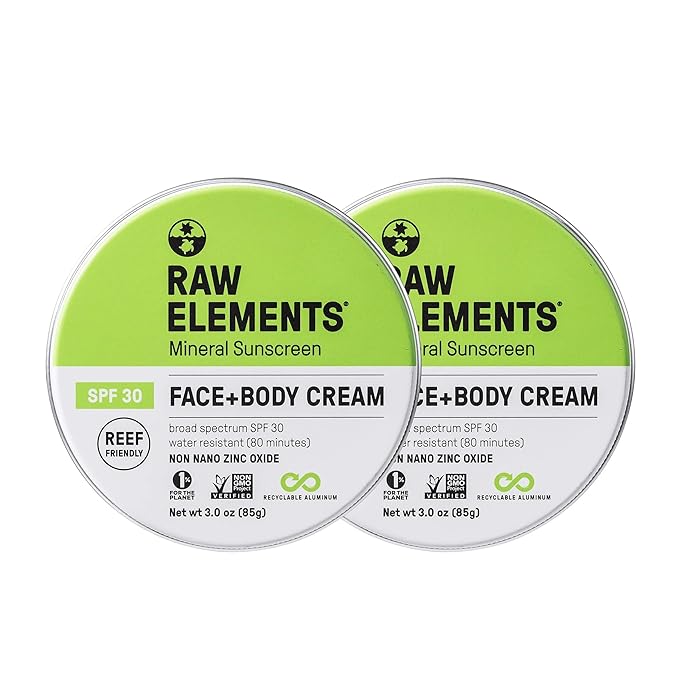 Raw Elements Face and Body Mineral Sunscreen SPF 30 Tin Organic Sunblock Daily Protection Non Toxic Reef Safe Water Resistant Cruelty Free Plastic Free 3 oz (Pack of 2)