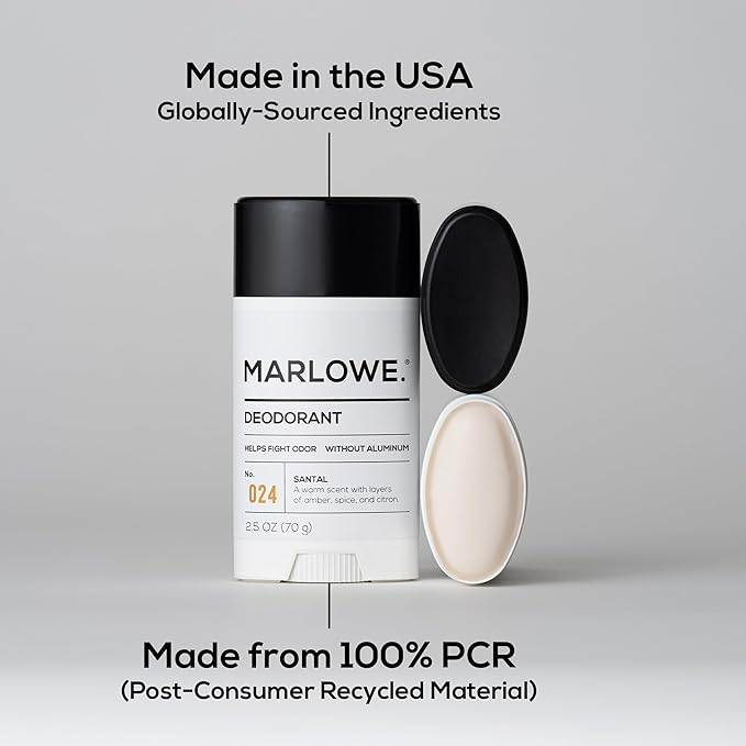 MARLOWE. No.024 Mens Santal Deodorant 2.5 oz (3pack) Natural Deodorant for Men Aluminum Free Stick Made with Coconut Oil Shea Butter &amp Jojoba Warm Amber Sandalwood &amp Citron Scent