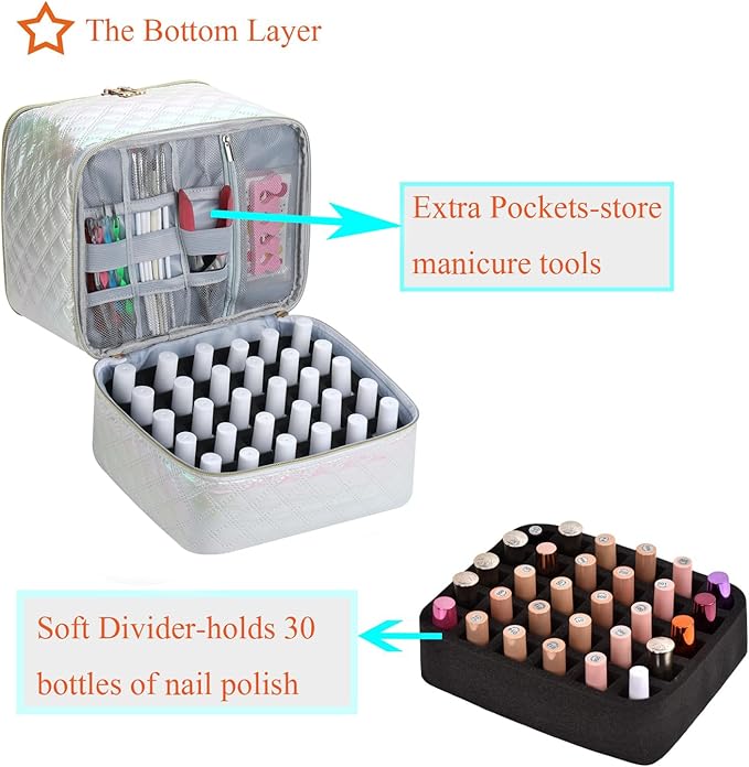 Nail Polish Organizer and Nail Lamp Case Nail Kit Organizer Holds 30 Bottles (15ml - 0.5 fl.oz) and a Nail Lamp Nail Polish Carrying Case with Manicure Tools Storage Sections (White)
