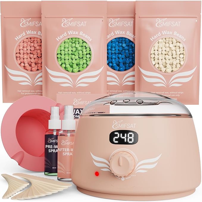 waxing kit for women Digital Hard Wax Warmer with 4 Packs of Natural Wax Beans (14.1oz) Silicone Bowl and Waxing Accessories Professional for Bikini Face Brazilian Body and Home Salon - Pink