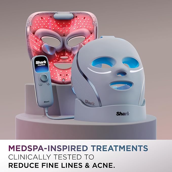 Shark CryoGlow LED Face Mask with Under-Eye Cooling Anti-Ageing &amp Blemish Repair Red &amp Blue LED Infrared Light Therapy USB-C Remote Control Storage Bag Blue Frost FW312