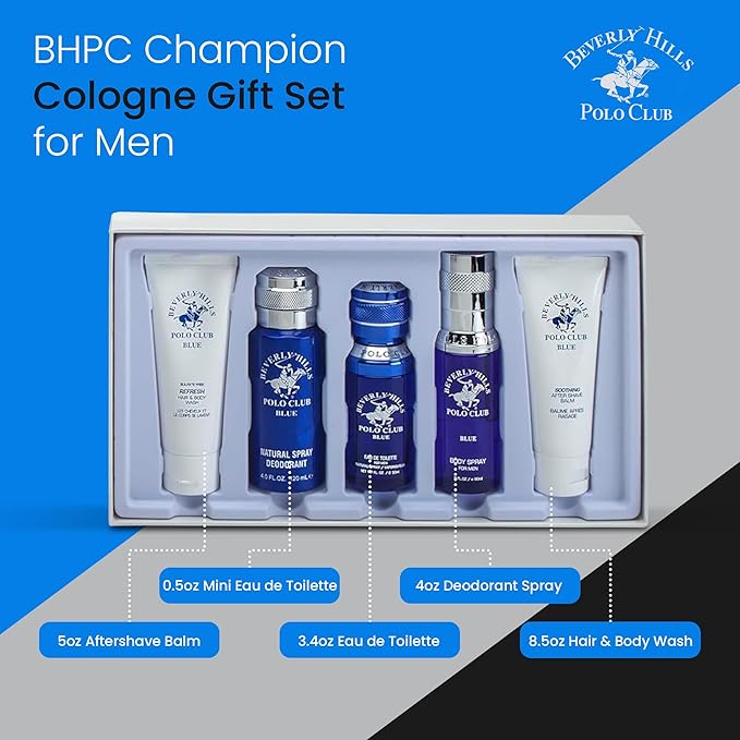 Beverly Hills Polo Club BHPC Blue Men's 5-Piece Grooming Gift Set - Fresh Scent Collection for Him