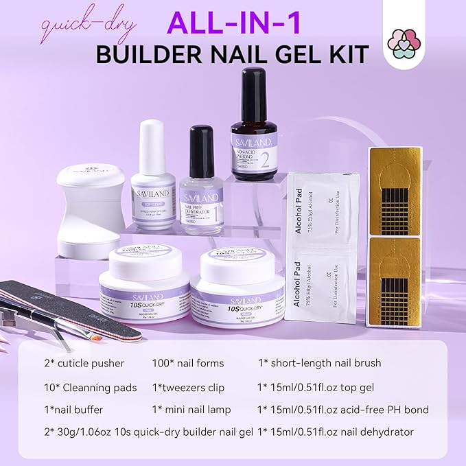 SAVILAND Quick-dry Builder Nail Gel Kit - Clear Pink Builder Hard Gel with Mini UV Light Top Gels Dehydrator Non-acid PH Bond Primer and Nail Extension Application Tools for beginners