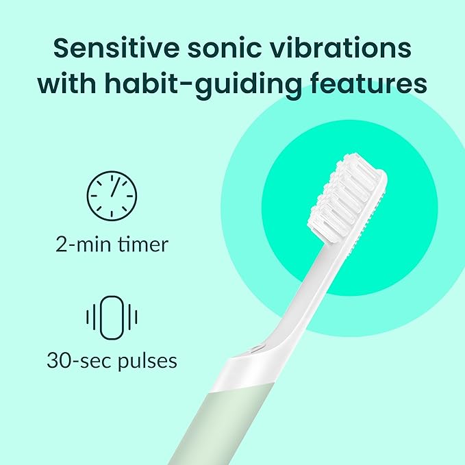 Quip Sonic Electric Toothbrush for Adults - Time Travel &amp Soft Bristles with Travel Case &amp Replacement Brush Head - 3 Month Battery Life Plastic Handle - Sage Green