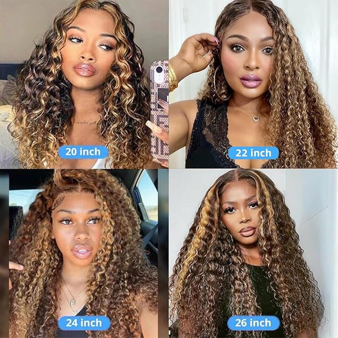 30 inch Highlight Deep Wave Wig Human Hair 13x4 Honey Blonde Wig Human Hair 4/27 Curly Highlighted Human Hair Wig Glueless Pre Plucked Honey Brown Deep Wave Wig 180% Density