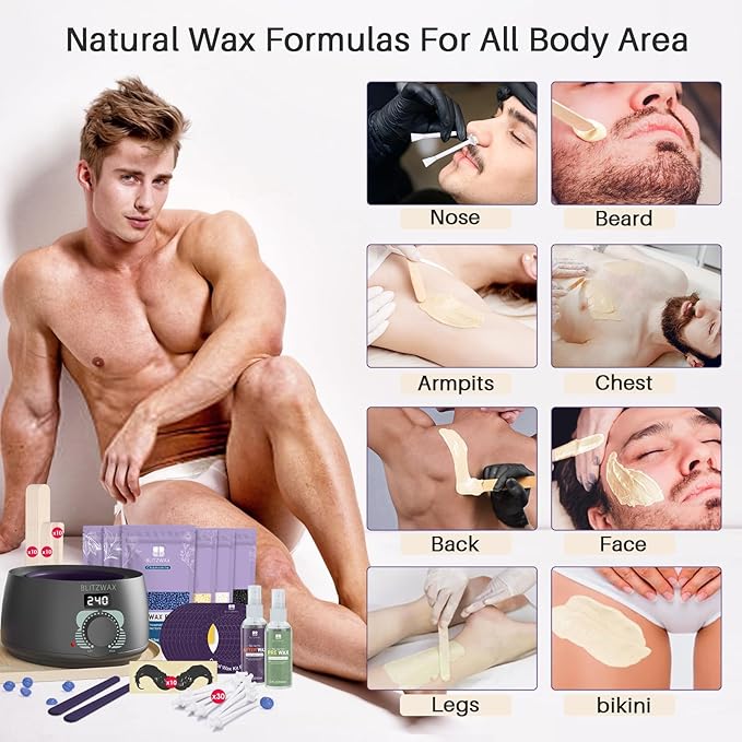 BLITZWAX Back and Nose Waxing Kit for Men Hard Wax Warmer for Brazilian Body and Face At Home Hair Removal Kit Beginner Friendly Quick Heating 93 Accessories Charcoal Grey