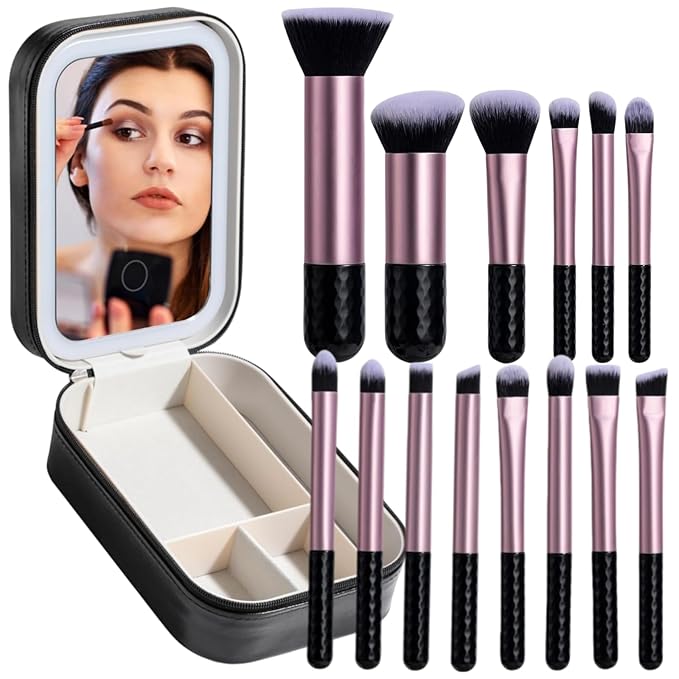 BS-MALL Makeup Brushes Set 14 Pcs with LED Light Mirror ? Premium Cosmetic Tools for Flawless Beauty Routines (Black)