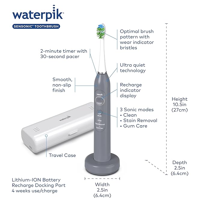 Waterpik Sensonic Sonic Electric Toothbrush Rechargeable Toothbrush for Adults with 3 Modes Travel Case USB Charger Modern Gray STW-03W027 Packaging May Vary