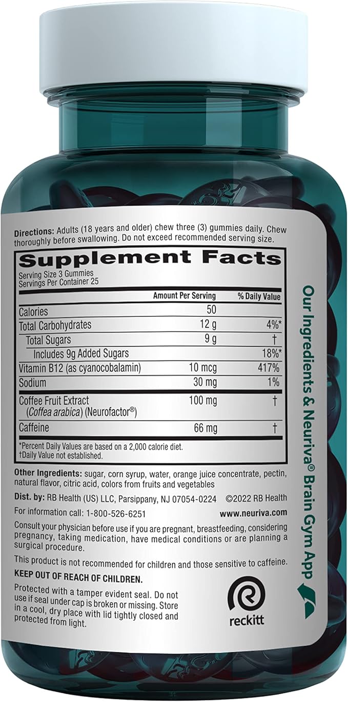 NEURIVA Brain + Energy Gummies Nootropic Brain Supplements for Focus and Concentration with Neurofactor Vitamin B12 &amp Caffeine for an Energy Boost* 75ct Natural BlackBerry