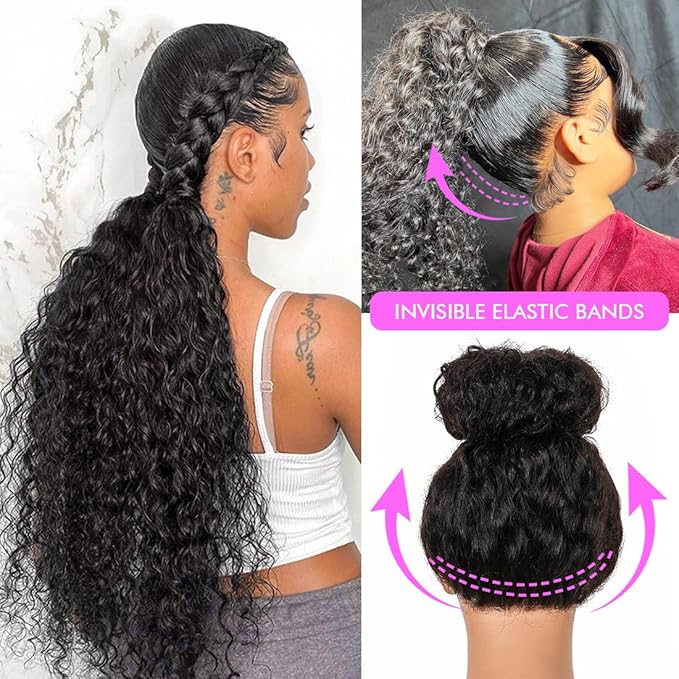 Healthair Hidden Strap 360 Full Lace Front Wigs Human Hair Invisible Strap Pre Plucked Bleached Konts Pre Cut Lace Deep Wave HD Lace Frontal Wig with Drawstring 360 Glueless Wigs(26inch)
