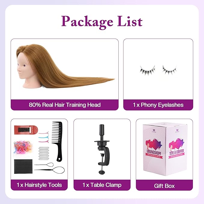 28 Mannequin Head with 80% Human Hair - Cosmetology Makeup Manikin Doll Head for Hair Styling Hairdressing Training Practice Braiding Head with Table Clamp Styling Set Suitable for Hair Extensions