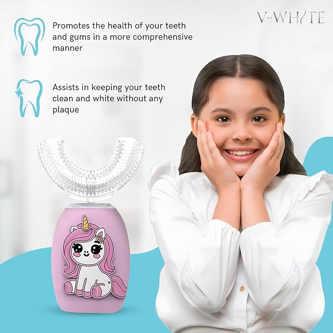 V-WHITE Electric Toothbrush Kids- Ultrasonic U-Shaped Toothbrushes for Teeth Whitening - 360° Mouth Cleansing Hands Free Gums Protection - Wireless Charging &amp LED Light - Waterproof IPX7 Certifie