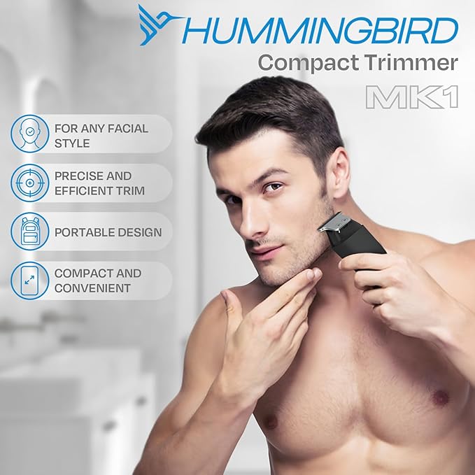 HUMMINGBIRD MK1 Compact Trimmer ? Portable Electric Beard &amp Body Hair Trimmer for Men Cordless USB-C Rechargeable Face &amp Body Groomer Travel Shaver Travel Pouch Great Gifts for Men Dad
