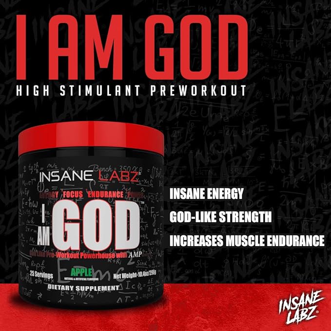 Insane Labz I am God Pre Workout High Stim Pre Workout Powder Loaded with Creatine and DMAE Bitartrate Fueled by AMPiberry Energy Focus Endurance Muscle Growth25 Srvgs Apple