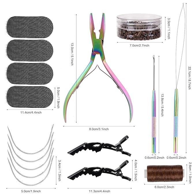 NEWISHTOOL Hair Extension Tool Kit - Silicone Micro Beads Stainless Steel Beads Plier Metal Bead Threader and Needle Pulling Hook for Beading Hair Extensions Girls Cosplay Party Hair Styling Tool