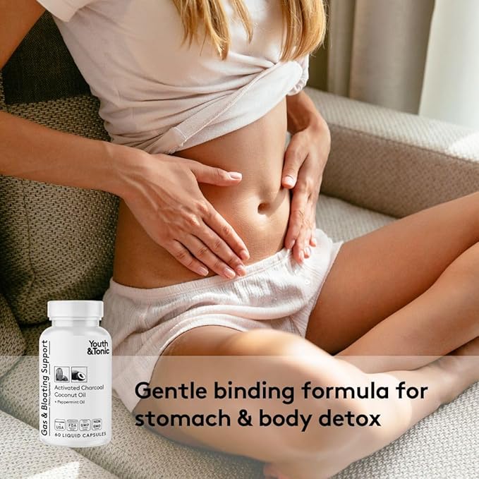 Youth &amp Tonic 3X Belly Bloating Pills for Puffiness Water Debloat Stomach Gut &amp Colon Cleanse Detox | with Liquid Activated Charcoal Coconut &amp Peppermint Oil Senna Leaf &amp More | 1