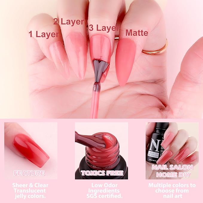 Jelly Gel Nail Polish Set 12 PCS Autumn Sheer Nude Pink Jelly Nail Polish Gel Neutral Nail Art Design Korean Trend Icy Transparent Gel Nail Polish Kit UV LED Soak Off Gel Polish