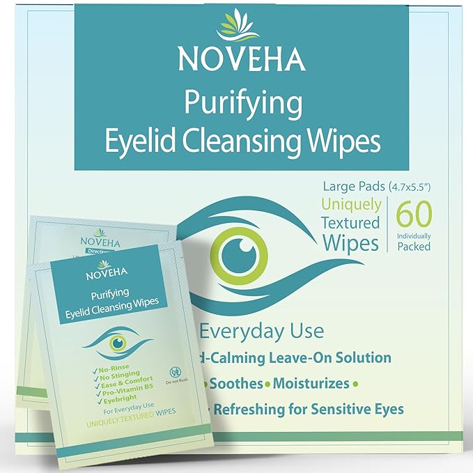 NOVEHA Eyelid &amp Lash Wipes | For Itchy Dry Eyes Styes &amp Blepharitis | lid and lash Cleansing Wipes Hypoallergenic &amp Soothing For Sensitive Eyes Pack of 60