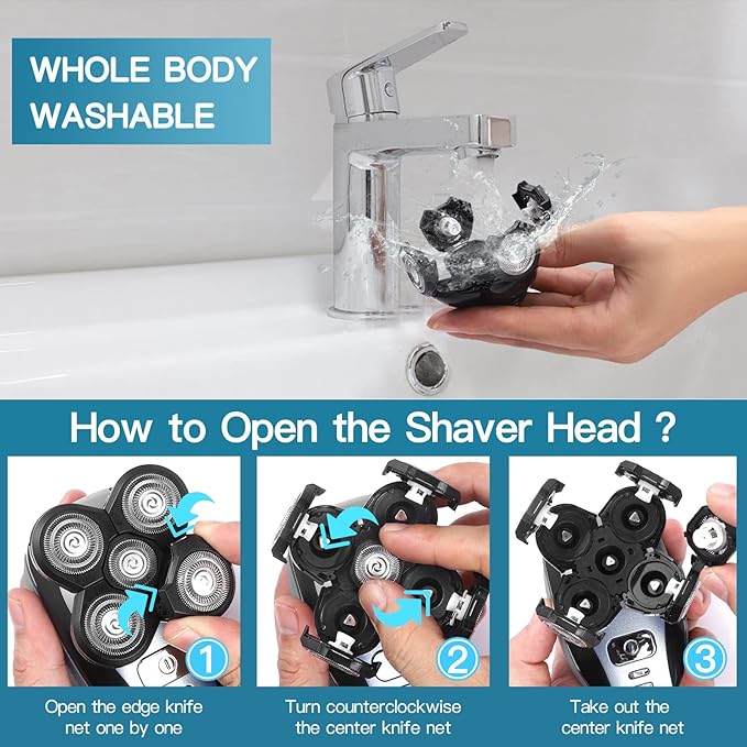 5 IN 1 Head Shaver for Men Electric Razor for Bald Men Cordless Rechargeable Waterproof Black 7 Blades Rotary Foil Head 30 Day Battery Life