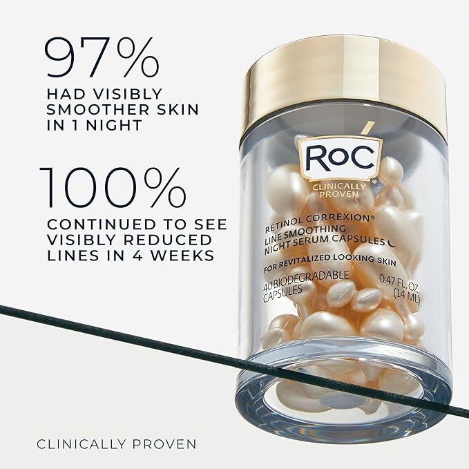 RoC Retinol Correxion Anti-Aging Wrinkle Night Serum Retinol Serum for Face Daily Treatment for Fine Lines Post Acne Scars 80 Capsules (Limited Edition Value Set) Unscented