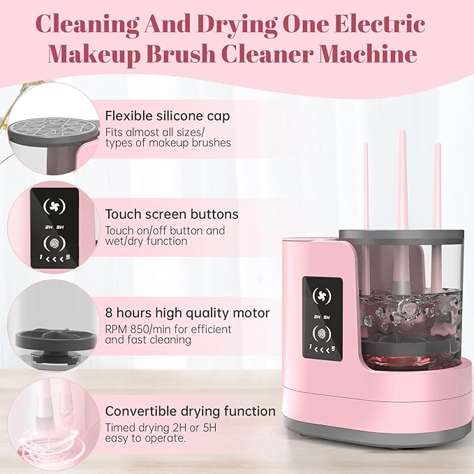 3 IN 1 Electric Makeup Brush Cleaner Machine With Makeup Brush Dryer-Holder-Portable Automatic USB Cosmetic Brushes Cleaner Tool for All Size Beauty Makeup Brush SetEyeshadow Blush Brush (Rose Pink)