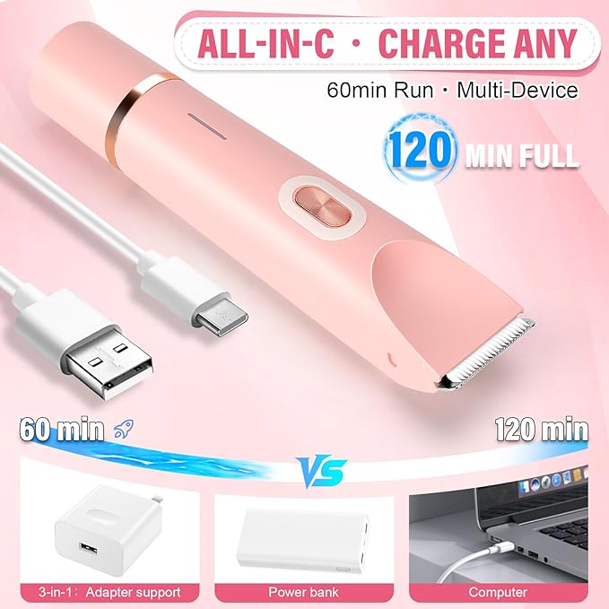 Women's Bikini Trimmer 2-in-1 Electric Shaver for Bikini Line Legs Underarms Face - Waterproof Women's Electric Shaver for Sensitive Skin USB Rechargeable (Pink)