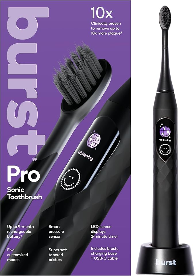 Burst Pro Sonic Advanced Electric Toothbrush for Adults (Black) | Soft Bristles | 33000 Vibrations | Long-Lasting Battery and Multiple Brushing Modes