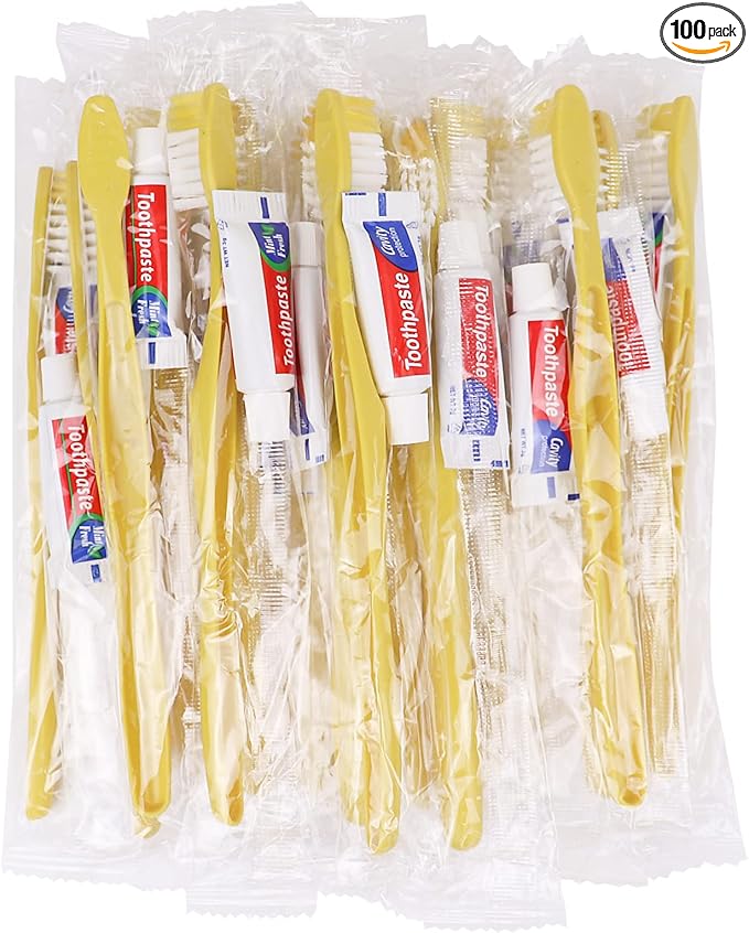 Disposable Toothbrushes with Toothpaste100 Pack Yellow Hollow Individually Wrapped Disposable Travel Toothbrushes Kit in Bulk for HomelessNursing HomeHotelCharity