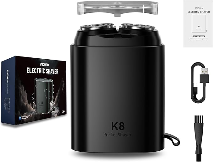 Mini Electric Shaver for Men Portable Magnetic Dual-Head Rotary Pocket Electric Razor for Face IPX7 Waterproof Wet &amp Dry USB-C Rechargeable for Home Car Travel K8Black