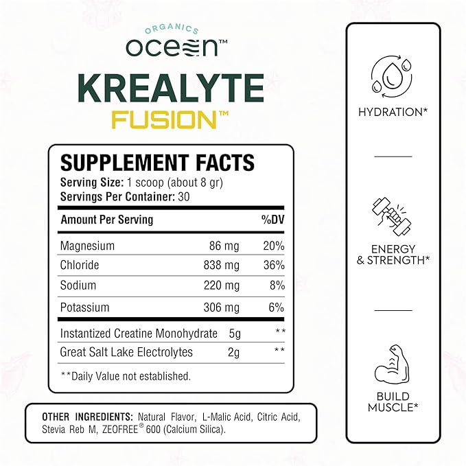 Organics Ocean Krealyte Fusion - Instantized Creatine Monohydrate Powder with Electrolytes - Muscle Strength Endurance &amp Hydration Support - Vegan Sugar-Free Pink Lemonade Flavor - 60 Servings