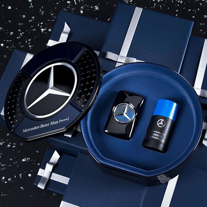 Mercedes Benz Intense Gift Set Perfumes for Men - Includes 2.7 oz Eau de Toilette Spray and 2.6 oz Deodorant Stick - Woody Scent - Opens with Notes of Pear - Evokes Power and Sensuality - 2 pc