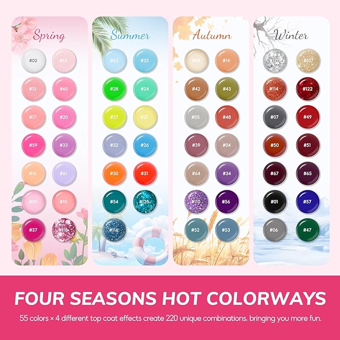 COSCELIA 73pc Gel Nail Polish Kit with U V light 60 Bottles Gel Nail Polish and Soak off Top Base Coat Fall Colors Enchantment Collection Glitter Nail Rhinestones Gel Manicure Starter Kit DIY Gifts