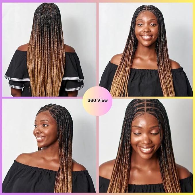 Wow Braids Box Braid Wig - Knotless Braided Wigs for Black women with 360 glueless Full Swiss Lace Cap &amp Human Baby Hair Frontal Synthetic Long Neat African Handmade Braiding - 36 / Ombre C14